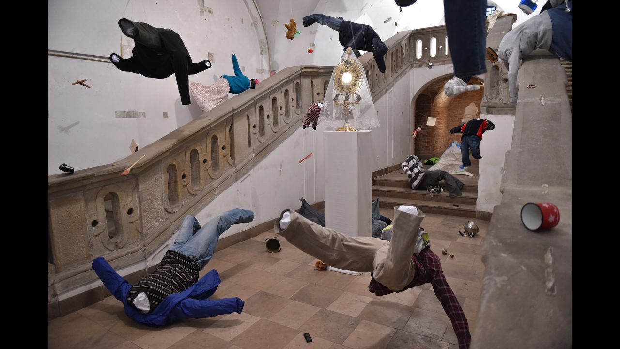 An art installation by Jakub Zawadzinski is seen in the crypt of the Piarist church in Krakow, Poland, on Thursday, April 13. The installation is meant to symbolize the plight of refugees from the Middle East.