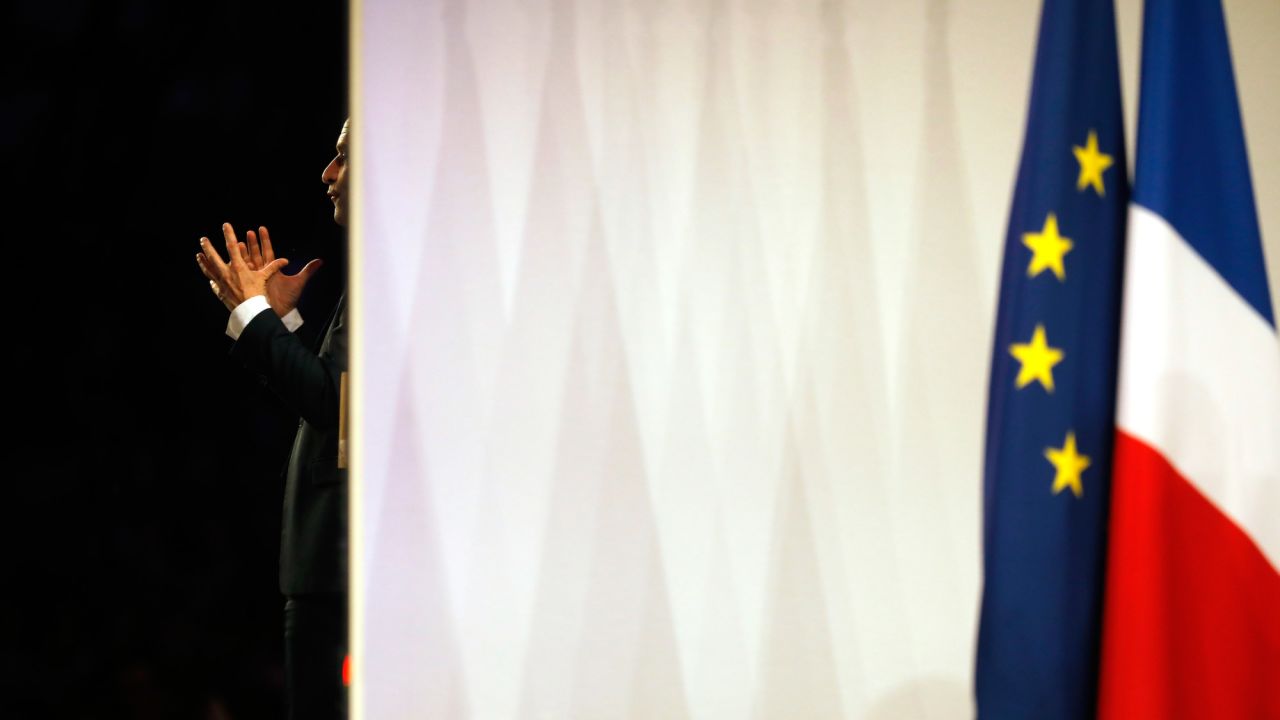 Benoit Hamon, a French presidential candidate, delivers a speech at a rally in Villeurbanne, France, on Tuesday, April 11. The first round of voting is April 23.