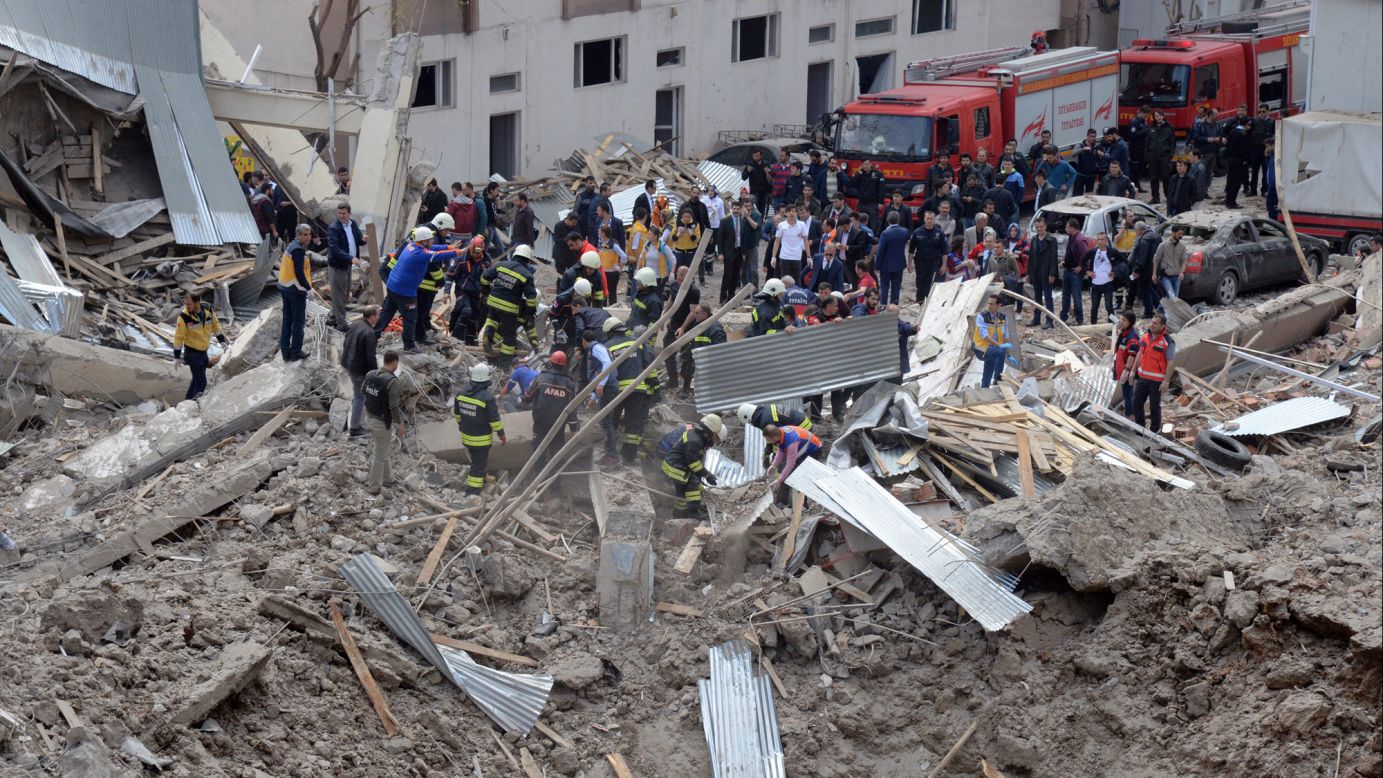 Rescue workers gather at a police station in Diyarbakir, Turkey, where <a href="http://www.cnn.com/2017/04/12/world/turkey-police-station-blast/" target="_blank">an explosion</a> killed at least three people and injured at least 10 on Tuesday, April 11. A Turkish official called it a "terror incident."