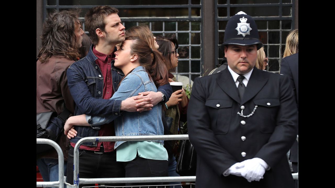 People line the route of a funeral procession in London on Monday, April 10. They were <a href="http://www.cnn.com/2017/04/10/europe/london-attack-officer-funeral/" target="_blank">paying their respects to Keith Palmer,</a> the police officer who was fatally stabbed last month during a terror attack at Westminster.