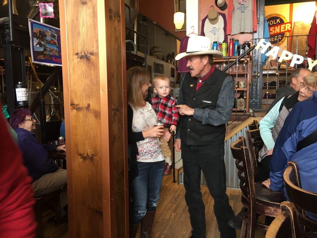 Rob Quist, the Democratic candidate running for Congress in Montana meets with voters at a brewery in Phillipsburg.