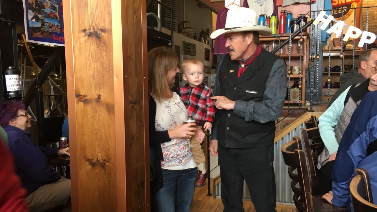 Rob Quist, the Democratic candidate running for Congress in Montana meets with voters at a brewery in Phillipsburg.