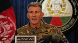 The top US commander in Afghanistan John Nicholson speaks at a press conference in Kabul on April 14, 2017.
Nicholson insisted it was the "right weapon against the right target". The US military's largest non-nuclear bomb killed at least 36 militants as it destroyed a deep tunnel complex of the Islamic State group, Afghan officials said April 14, ruling out any civilian casualties. / AFP PHOTO / AREF KARIMI        (Photo credit should read AREF KARIMI/AFP/Getty Images)