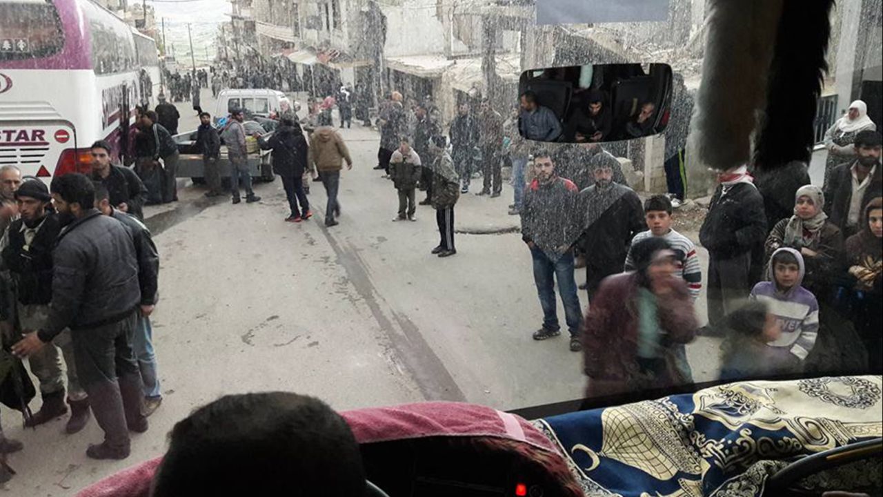A photo taken by Muhammad Darwish from a bus as it leaves Madaya on April 14.