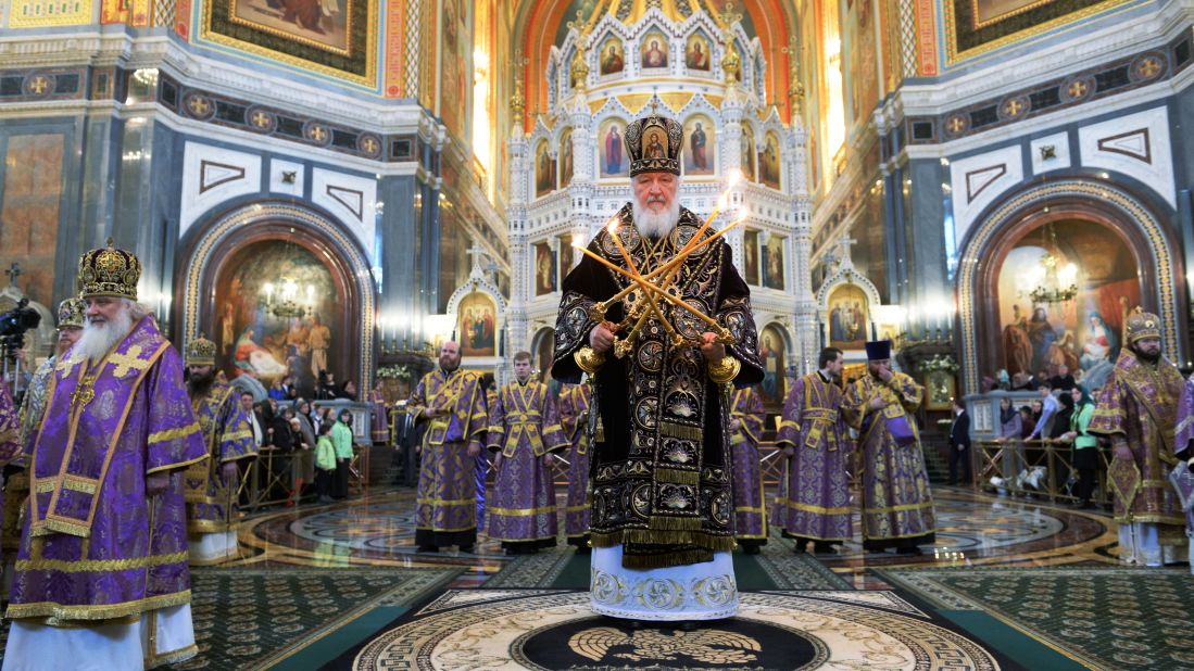 Russian Orthodox Patriarch Kirill holds a service on April 13.