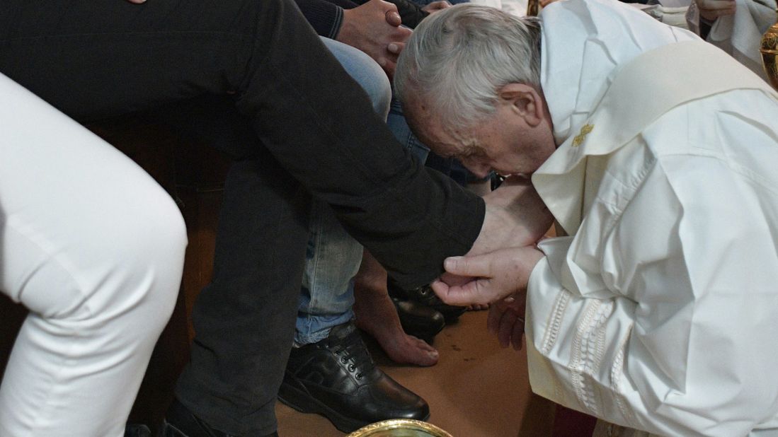 Pope Francis washes the feet of some inmates of the Paliano detention center, south of Rome, on April 13.