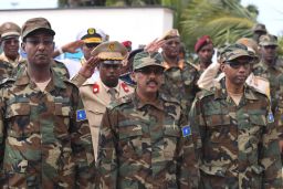 The president of Somalia, Mohamed Abdullahi Mohamed Farmaajo (center), receives a guard of honor during a ceremony to mark the 57th Anniversary of the Somali National Army held at the Ministry of Defense in Mogadishu on Wednesday, April 12, 2017.