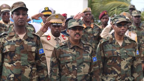 The president of Somalia, Mohamed Abdullahi Mohamed Farmaajo (center), receives a guard of honor during a ceremony to mark the 57th Anniversary of the Somali National Army held at the Ministry of Defense in Mogadishu on Wednesday, April 12, 2017.