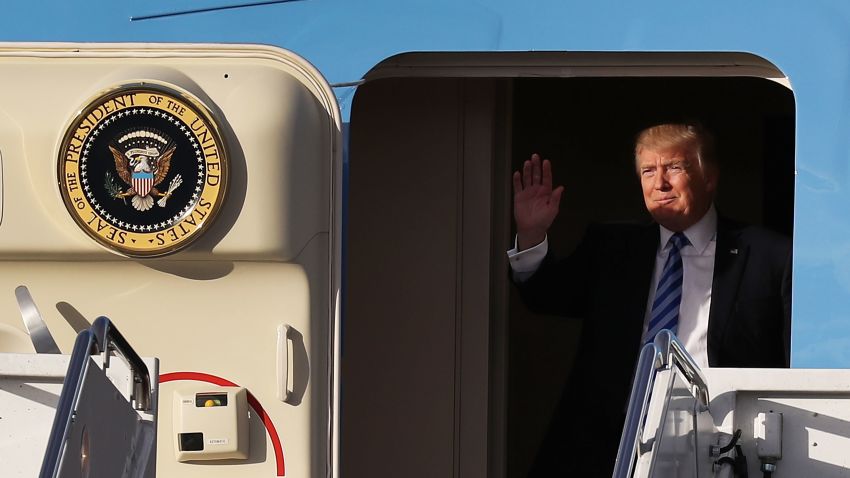 WEST PALM BEACH, FL - APRIL 13:  US President Donald Trump arrives on Air Force One at the Palm Beach International Airport to spend Easter weekend at Mar-a-Lago resort on April 13, 2017 in West Palm Beach, Florida. President Trump has made numerous trips to his Florida home and according to reports has cost over an estimated $20 million in his first 80 days in office.  (Joe Raedle/Getty Images)