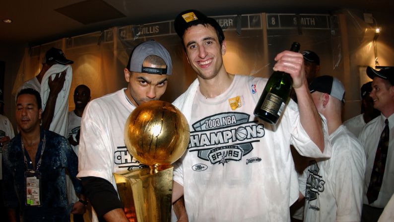 Tony Parker, left, and Manu Ginobili celebrate after the San Antonio Spurs won the 2003 NBA Finals. Both Parker and Ginobili were draft steals who came from outside of the United States. Ginobili, an Argentine, was taken 57th overall in 1999. Parker, a Frenchman, went 28th overall in 2001. The two have won four championships with San Antonio and are likely Hall of Famers.