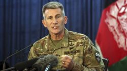 Commander of the Resolute Support mission and U.S. Forces in Afghanistan Army Gen. John W. Nicholson speaks during a press conference, in Kabul, Afghanistan, Friday, April 14, 2017.