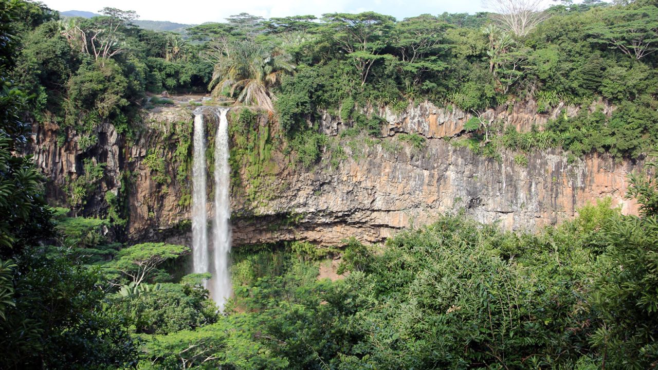 <strong>Chamarel waterfall:</strong><strong> </strong>Chamarel is also where a narrow waterfall plunges over a cliff. The Black River Gorges National Park nearby protects what remains of the island's original rainforest.