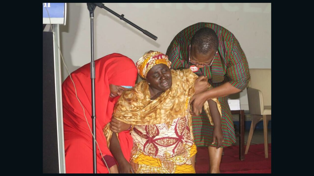 Rebecca Samuel Yaga begs for the rescue of her daughter at the inaugural Chibok girls lecture held on third anniversary of the kidnapping. 