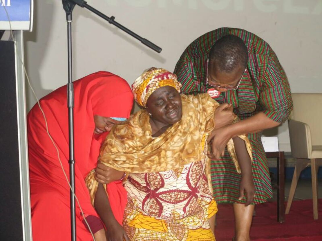 Rebecca Samuel Yaga begs for the rescue of her daughter at the inaugural Chibok girls lecture held on third anniversary of the kidnapping. 