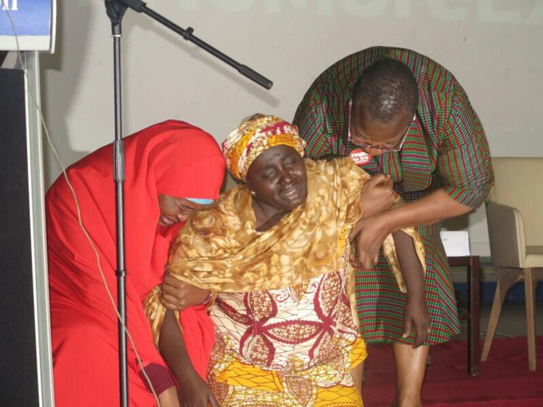 Rebecca Samuel Yaga begs for the rescue of her daughter at the inaugural Chibok girls lecture held on third anniversary of the kidnapping.