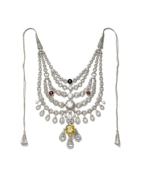 Like many western houses during the Art Deco period, Cartier was greatly inspired by Indian heritage and culture. In 1928 it produced this necklace by special order from Sir Bhupindra Singh, Maharaja of Patiala. The necklace vanished after Indian independence in 1947, only to resurface 50 years later.