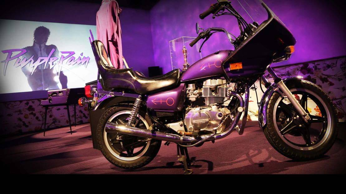 The Purple Rain room houses the motorbike, cloud guitar and purple piano from the film.