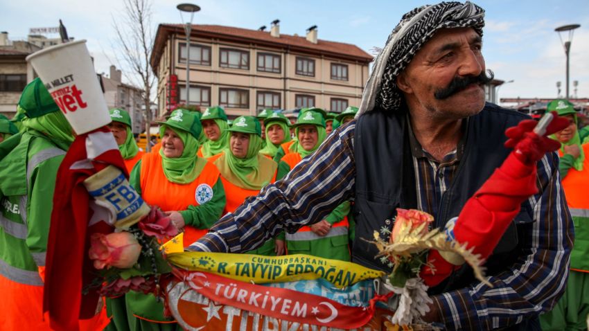 64-year-old security guard Ramazan Kaya says he will vote "Yes" in the Turkish referendum. His colorful bike accessories are all in support of President Erdogan and the ruling AKP. Konya, Turkey, Wednesday April 12, 2017.