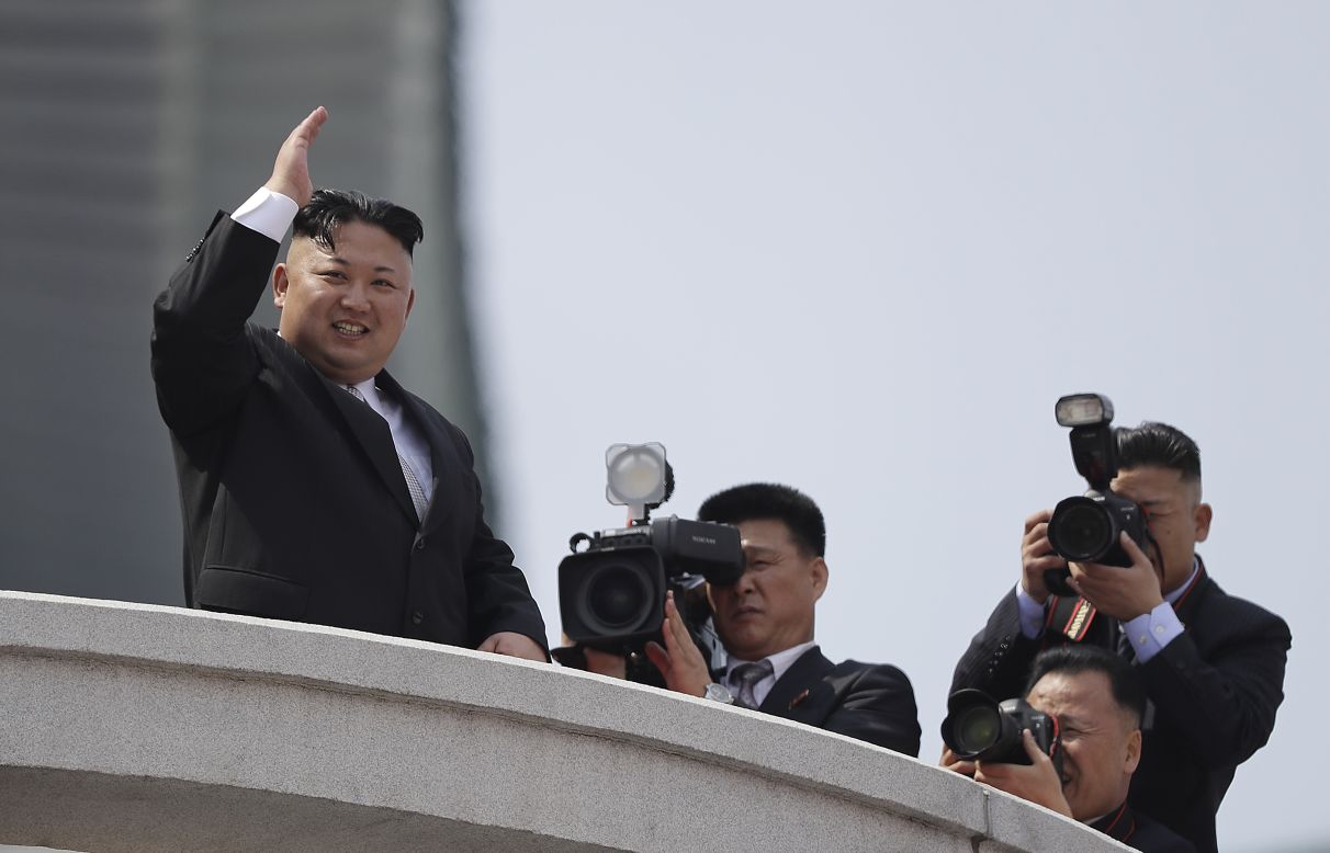 North Korean leader Kim Jong Un waves during a military parade on Saturday, April 15, 2017, in Pyongyang to celebrate the 105th anniversary of Kim Il Sung's birth, the country's late founder and grandfather of current ruler Kim Jong Un.