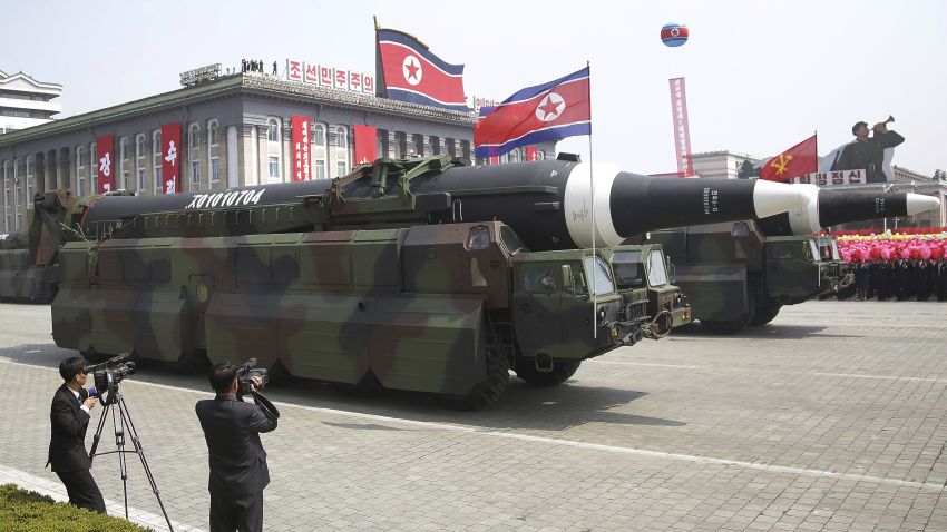 Missiles are paraded across Kim Il Sung Square during a military parade on Saturday, April 15, 2017, in Pyongyang, North Korea to celebrate the 105th birth anniversary of Kim Il Sung, the country's late founder and grandfather of current ruler Kim Jong Un.
