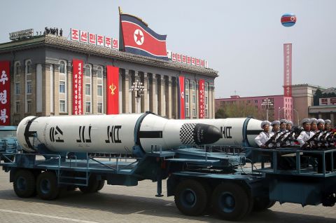 A submarine-launched ballistic missile is displayed during the parade.