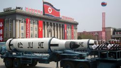 A submarine-launched ballistic missile is displayed in Kim Il Sung Square during a military parade on Saturday, April 15, 2017, in Pyongyang, North Korea to celebrate the 105th birth anniversary of Kim Il Sung, the country's late founder and grandfather of current ruler Kim Jong Un. (AP Photo/Wong Maye-E)