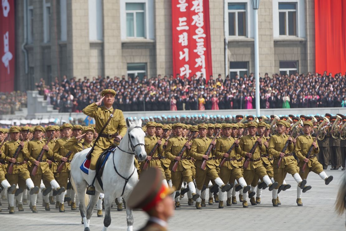 A military parade in Pyongyangf for birthday celebration of deceased leader Kim Il Sung.