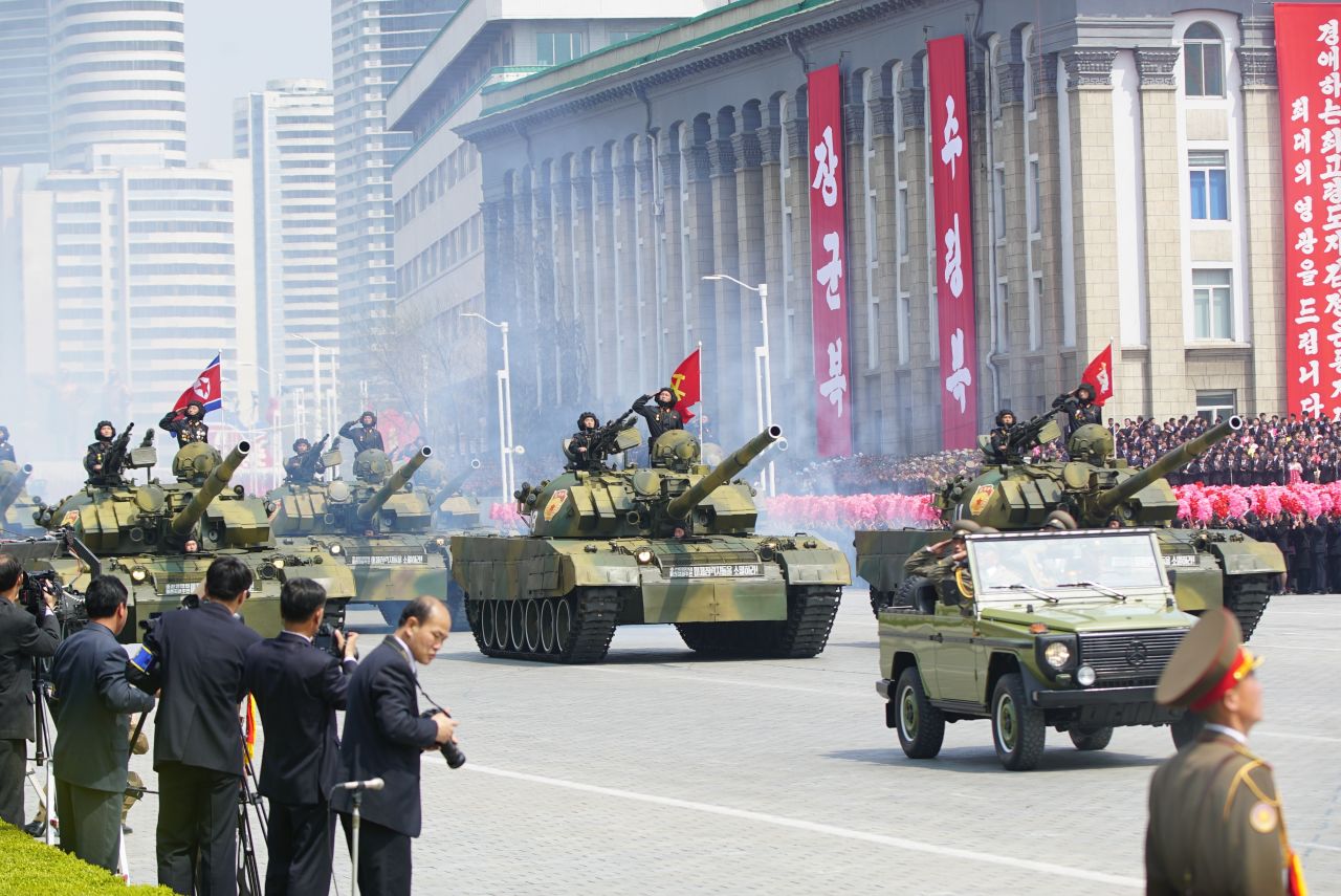Tanks roll through Kim Il Sung Square on April 15.