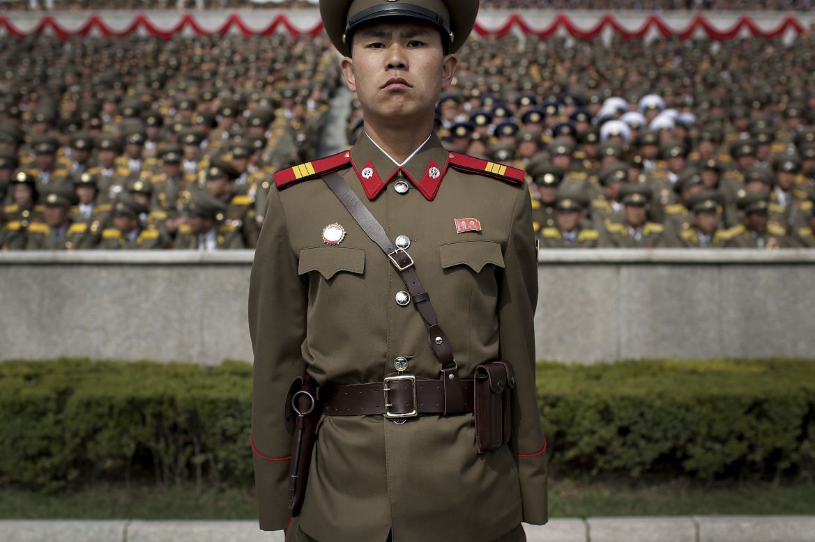A soldier stands guard at the Kim Il Sung Square.