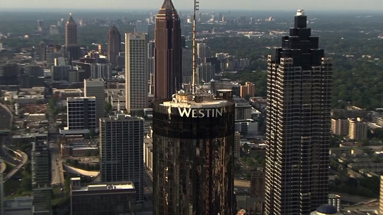 The Sun Dial rotating restaurant and bar sit atop the Westin Peachtree Plaza Hotel in downtown Atlanta.