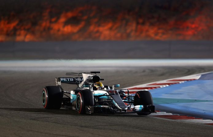 Mercedes' Lewis Hamilton on track at the Bahrain International Circuit.