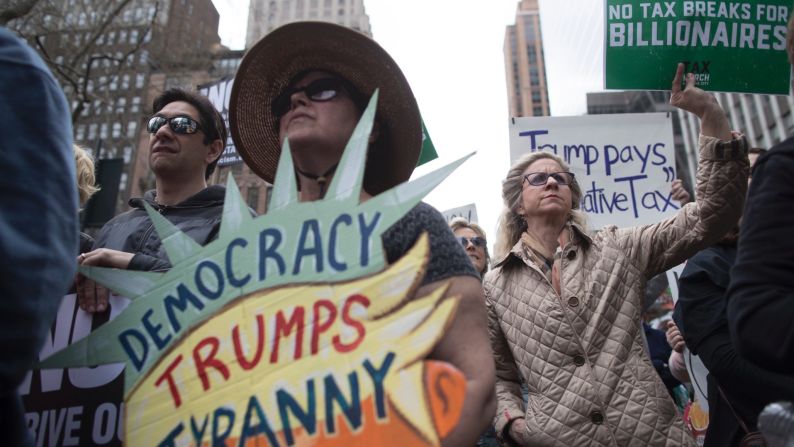 Demonstrators participate in a march and rally Saturday, April 15, in New York demanding <a href="http://money.cnn.com/2017/04/15/news/economy/trump-tax-return-protest-march/index.html" target="_blank">President Donald Trump release his tax returns</a>, saying Americans deserve to know about his business ties and potential conflicts of interest. Similar protests took place in dozens of cities nationwide.