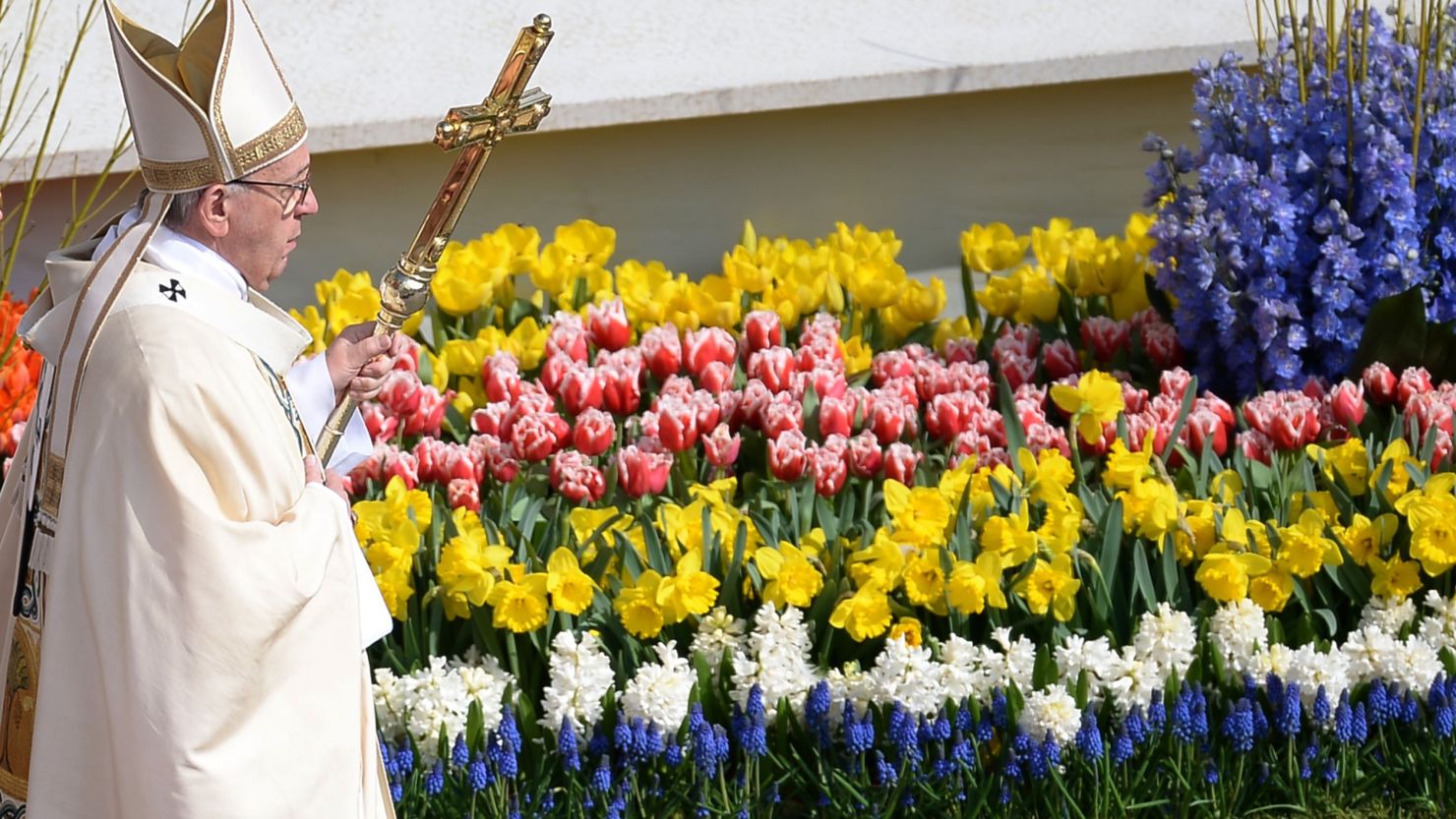 Pope Francis walks past flowers adorning the altar during the Easter Sunday mass on April 16, 2017 at St Peter's square in Vatican. 