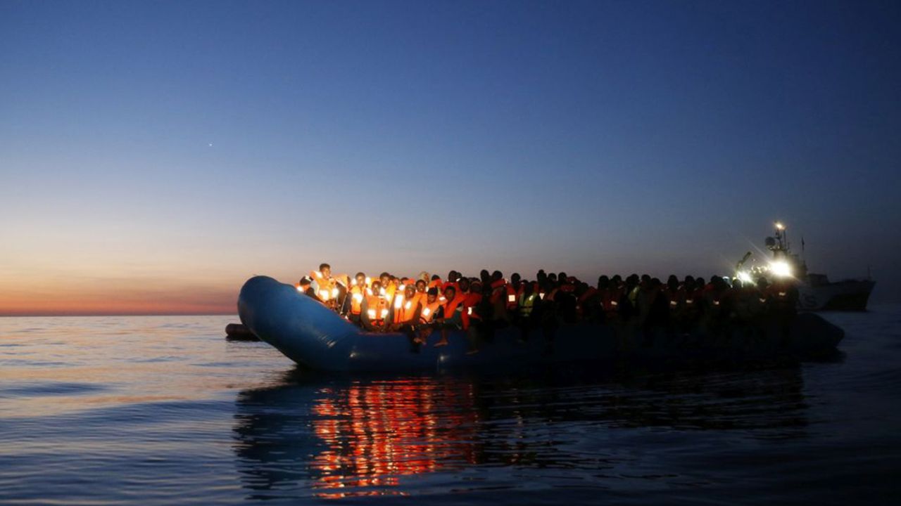 One of the boats, containing an estimated 1,500-1,800 migrants in the Mediterranean Sea on the evening of Saturday April 14.