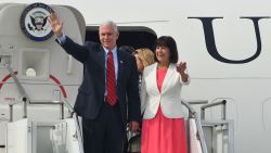 U.S. Vice President Mike Pence and his wife Karen Pence arrive at Osan airbase on April 16, 2017 in Seoul, South Korea. During the three day visit to South Korea, Vice President Pence will spend Easter Sunday with the U.S. and S. Korean troops and their families. He will also meet with Korea's acting president Hwang Kyo-ahn, the national assembly speaker Chung Sye-kyun and local business leaders.
