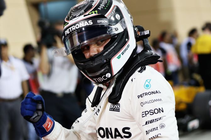Bottas punches the air after securing pole in qualifying on Saturday.