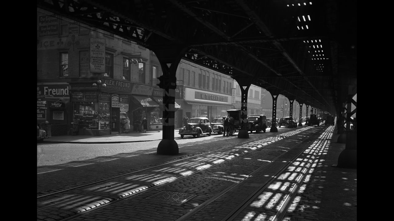 The view from under the Third Avenue Elevated rail in 1946. The train line, which ran from South Ferry to the Bronx, was decommissioned in the early 1950s and fully terminated in 1973. It was the last elevated line to operate in Manhattan.