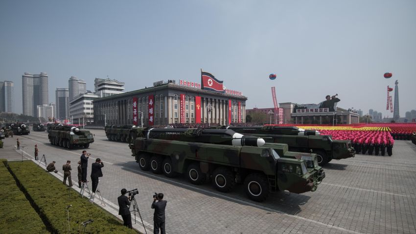 An unidentified missile and mobile launcher makes its way through Kim Il-Sung square during a military parade marking the 105th anniversary of the birth of late North Korean leader Kim Il-Sung in Pyongyang on April 15, 2017.  
North Korean leader Kim Jong-Un on April 15 saluted as ranks of goose-stepping soldiers followed by tanks and other military hardware paraded in Pyongyang for a show of strength with tensions mounting over his nuclear ambitions. / AFP PHOTO / Ed JONES        (Photo credit should read ED JONES/AFP/Getty Images)