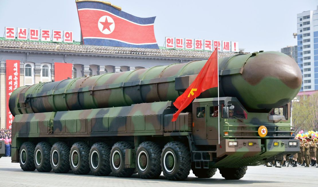 A vehicle equipped with a launch tube possibly for new intercontinental ballistic missiles is seen during a military parade at Kim Il Sung Square in Pyongyang on April 15, 2017.