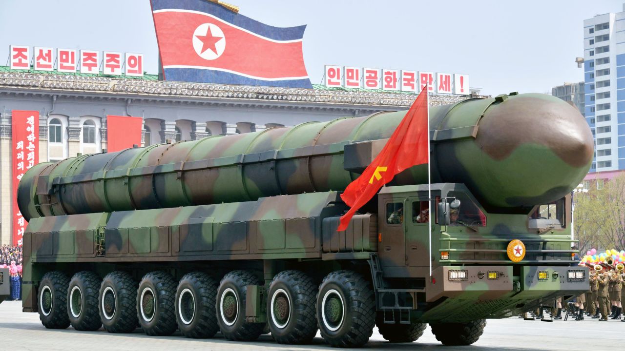 A vehicle equipped with a launch tube possibly for new intercontinental ballistic missiles is seen during a military parade at Kim Il Sung Square in Pyongyang on April 15, 2017.