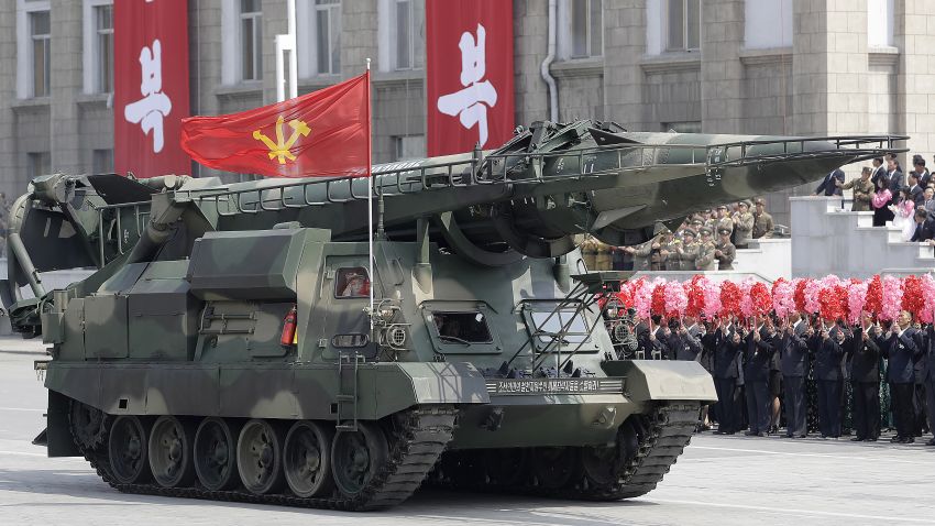 Missiles are paraded across Kim Il Sung Square during a military parade on Saturday, April 15, 2017, in Pyongyang, North Korea to celebrate the 105th birth anniversary of Kim Il Sung, the country's late founder and grandfather of current ruler Kim Jong Un. (AP Photo/Wong Maye-E)