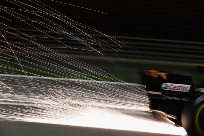 Sparks fly behind Jolyon Palmer's Renault car. The Briton started 10th on the grid for Sunday's race but finished out of the points.  
