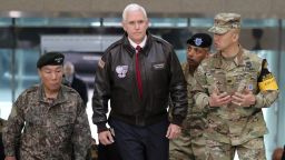 U.S. Vice President Mike Pence arrives at the border village of Panmunjom in the Demilitarized Zone (DMZ) which has separated the two Koreas since the Korean War, South Korea, Monday, April 17, 2017. (AP Photo/Lee Jin-man)