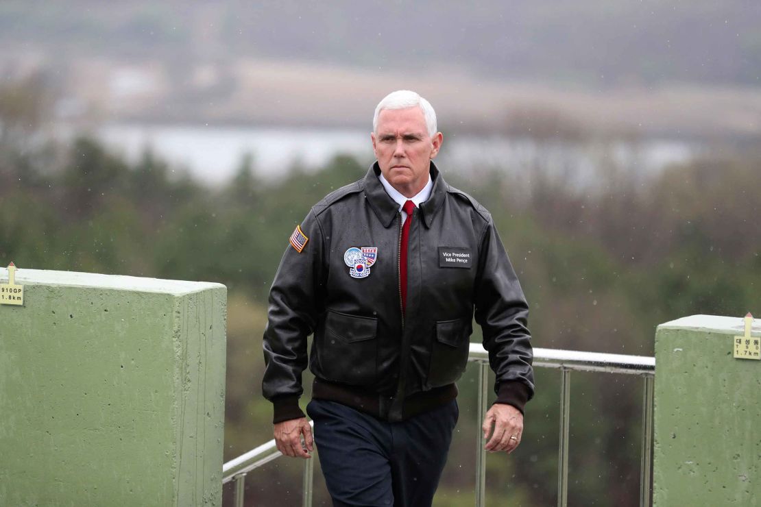 U.S. Vice President Mike Pence arrives at Observation Post Ouellette in the Demilitarized Zone (DMZ), near the border village of Panmunjom.