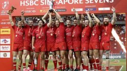 SINGAPORE - APRIL 16:  Team Canada celebrates after defeating USA in the Cup Final 2017 Singapore Sevens match at National Stadium on April 16, 2017 in Singapore.  (Photo by Suhaimi Abdullah/Getty Images)