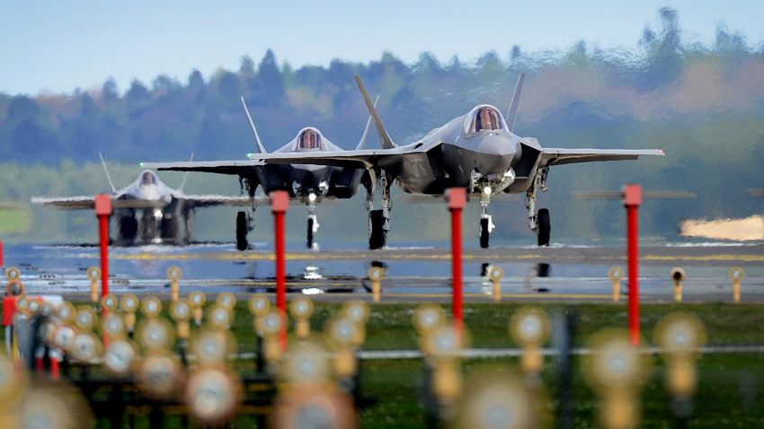 F-35A Lightning II's from the 34th Fighter Squadron at Hill Air Force Base, Utah, land at Royal Air Force Lakenheath, England, April 15, 2017. The aircraft arrival marks the first F-35A fighter training deployment to the U.S. European Command area of responsibility or any overseas location as a flying training deployment. (U.S. Air Force photo/Tech. Sgt. Matthew Plew)
