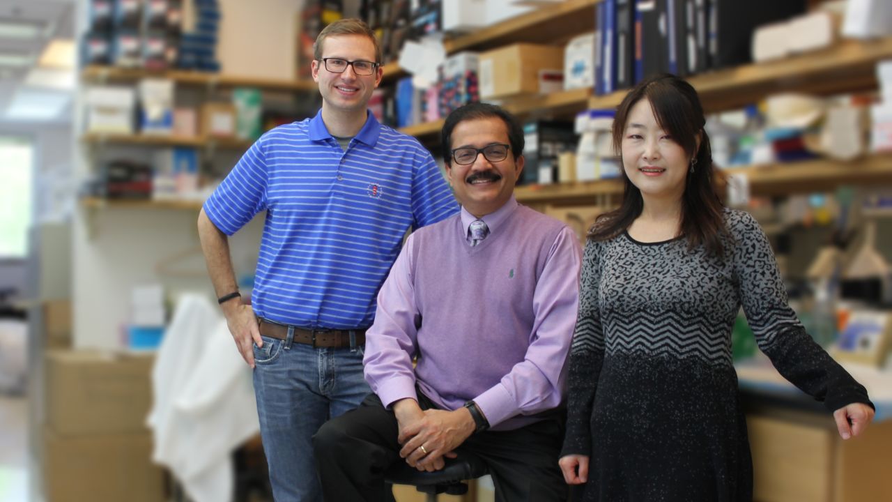 Professor Joshy Jacob, in middle, seen with his colleagues David Holthausen (on left) and Song Hee Lee (on right).
