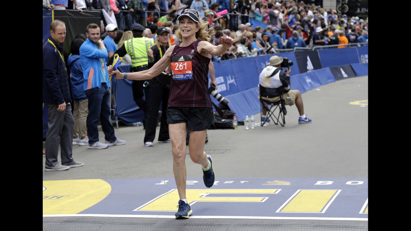 Kathrine Switzer crosses the finish line of the marathon in Boston on Monday, April 17, wearing the same bib number an official tried to rip off her clothing when she ran the race <a href="http://www.cnn.com/2017/04/17/us/boston-marathon-kathrine-switzer-trnd/" target="_blank">50 years ago</a>. Switzer was the first woman to officially enter the Boston Marathon, in 1967, when she was a 20-year-old student at Syracuse University.