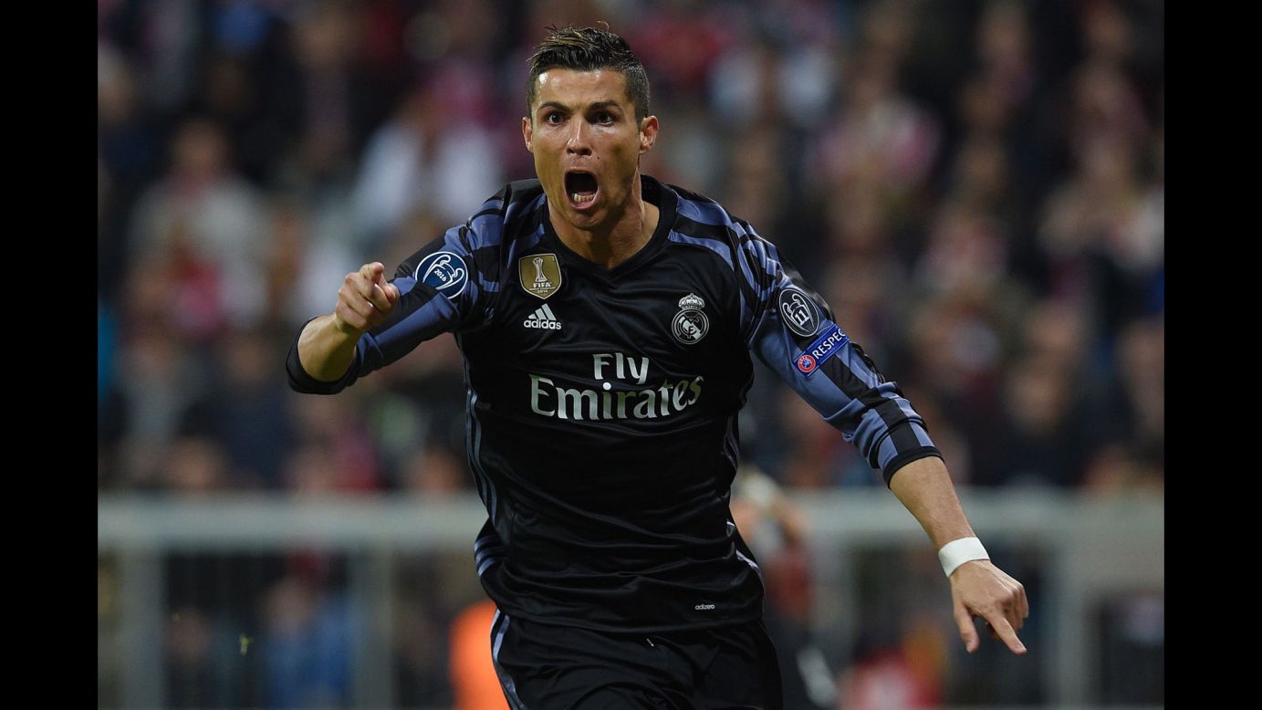 Real Madrid's Cristiano Ronaldo celebrates scoring an equalizer during a UEFA Champions League quarterfinal match against Bayern Munich on Wednesday, April 12. Ronaldo would score again, with his team defeating Bayern Munich 2-1.