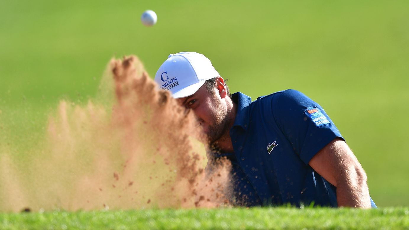 Damien Perrier of France plays a shot during the third round of the Trophee Hassan II golf competition in Rabat, Morocco, on Saturday, April 15. 